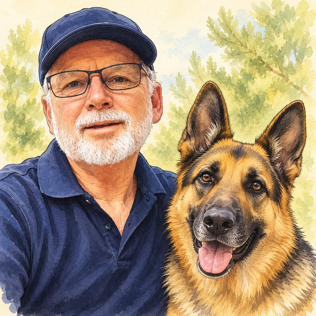 Photo of author and his german shepherd Max