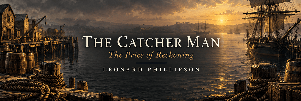 The Catcher Man: The Price of Reckoning by Leonard Phillipson, overlooking a golden harbour framed by timber wharves, ropes and sailing ships.