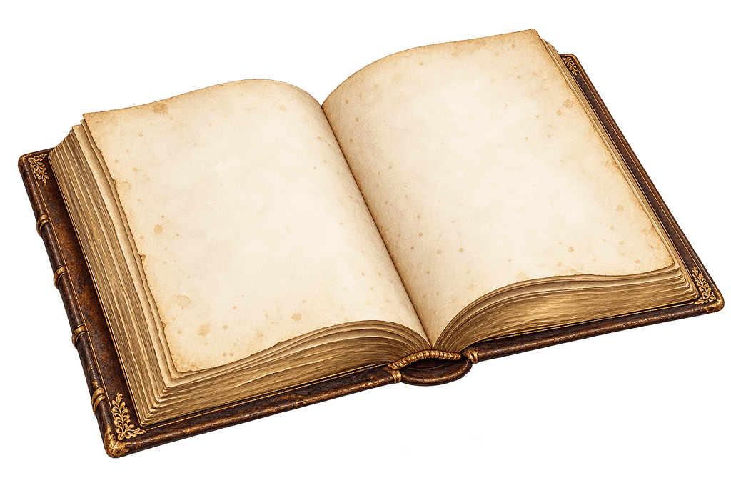 Open leather-bound book with blank, gently curved cream pages.