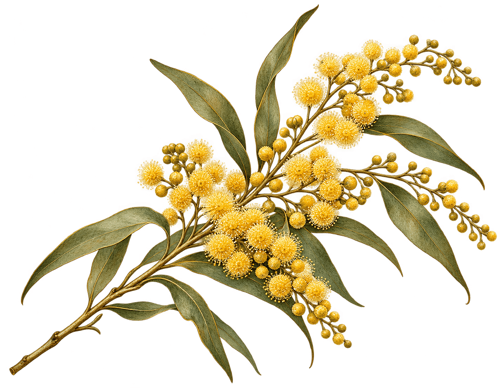 Wattle branch covered in round yellow flowers and slender green leaves.