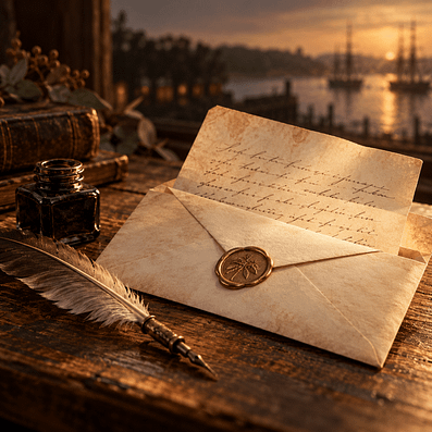 Old style writing desk with wax stamped letter and quill.