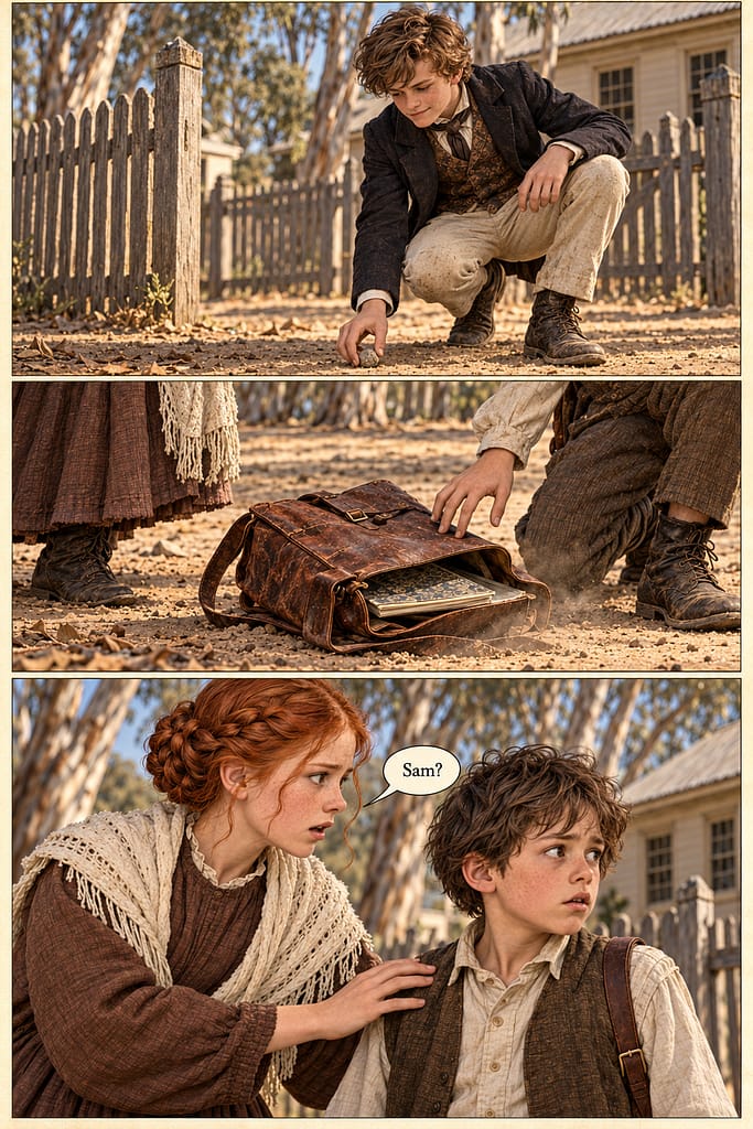 A schoolboy picks up a stone beside a timber fence. Below, a satchel lies in the dust. Anna reaches towards her unsettled brother and asks, “Sam?” going to cry, or run, convict?”