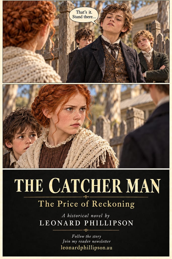 A boy says, “That’s it. Stand there…” Anna holds his gaze with Sam behind her. A closing card names The Catcher Man by Leonard Phillipson and invites newsletter subscriptions at leonardphillipson.au.