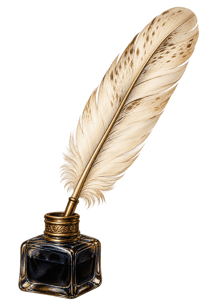 Pale feather quill resting in a dark glass inkpot with gold trim.
