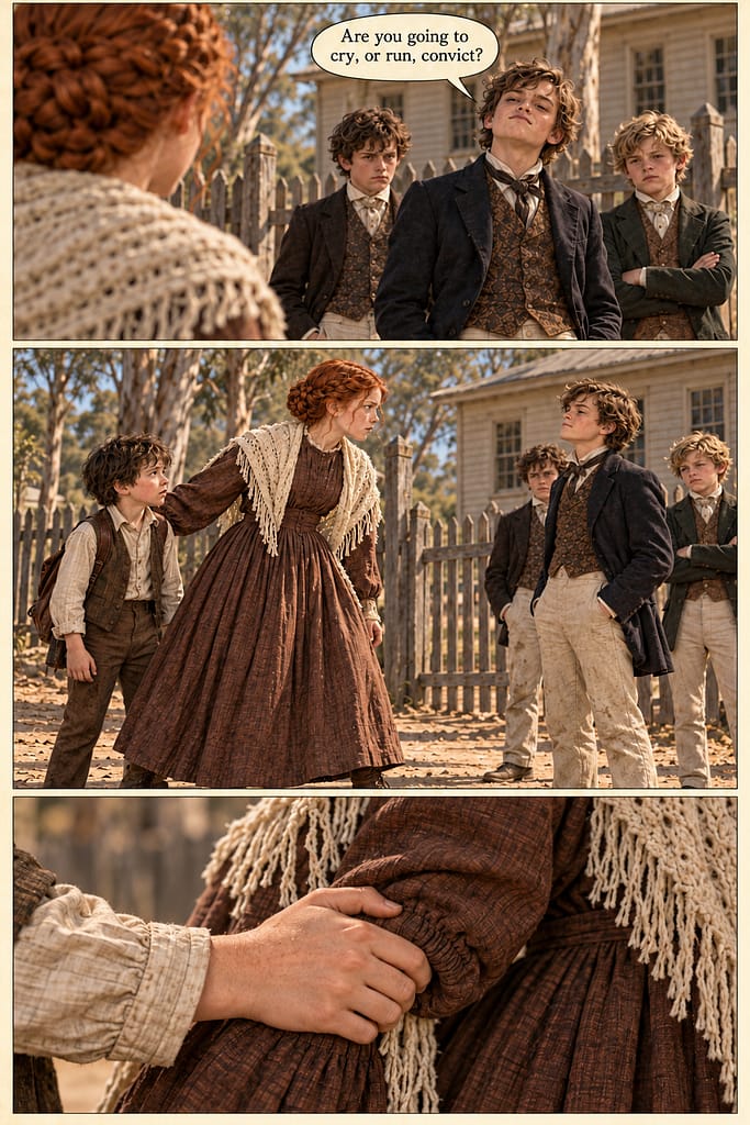 Three boys taunt Anna and Sam. Anna steps between them and her brother, who wears brown trousers. A close-up shows Sam gripping