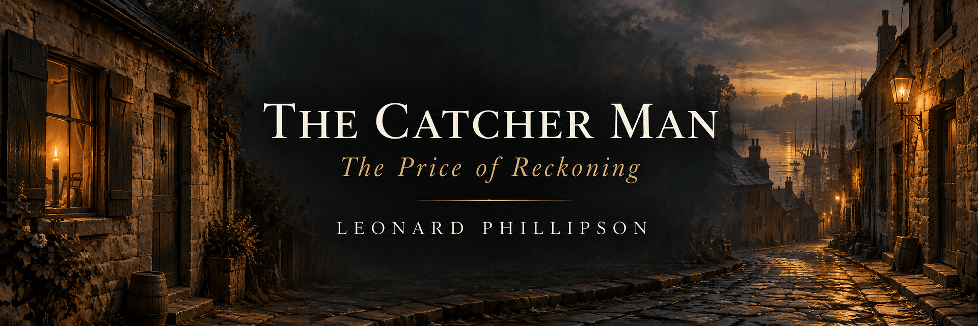 The Catcher Man: The Price of Reckoning by Leonard Phillipson, above a lamplit colonial street with sandstone cottages and harbour views.
