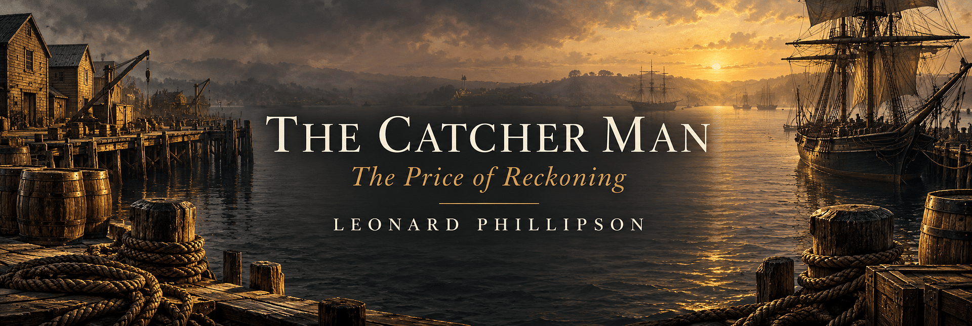 The Catcher Man: The Price of Reckoning by Leonard Phillipson, overlooking a golden harbour framed by timber wharves, ropes and sailing ships.