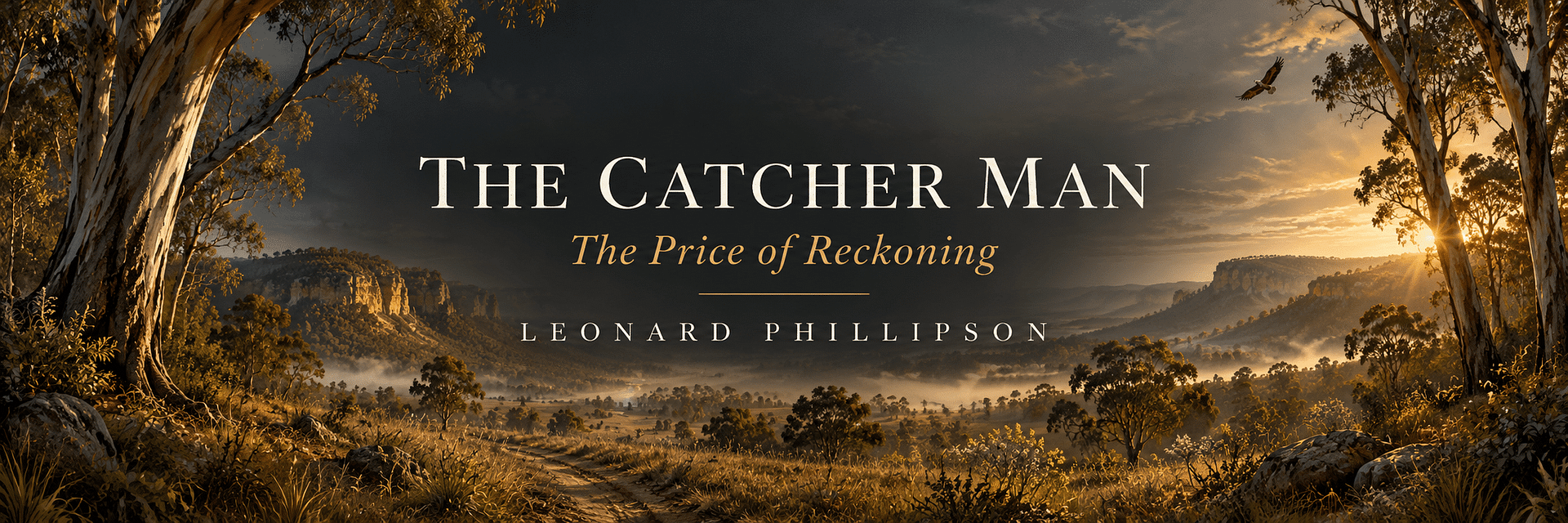 The Catcher Man: The Price of Reckoning by Leonard Phillipson, above a misty eucalyptus valley with sandstone ridges and a soaring eagle.